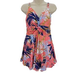 Zando Womans size M Geo Floral Print Boyleg Ruched One Piece Swimsuit Coral NWOT